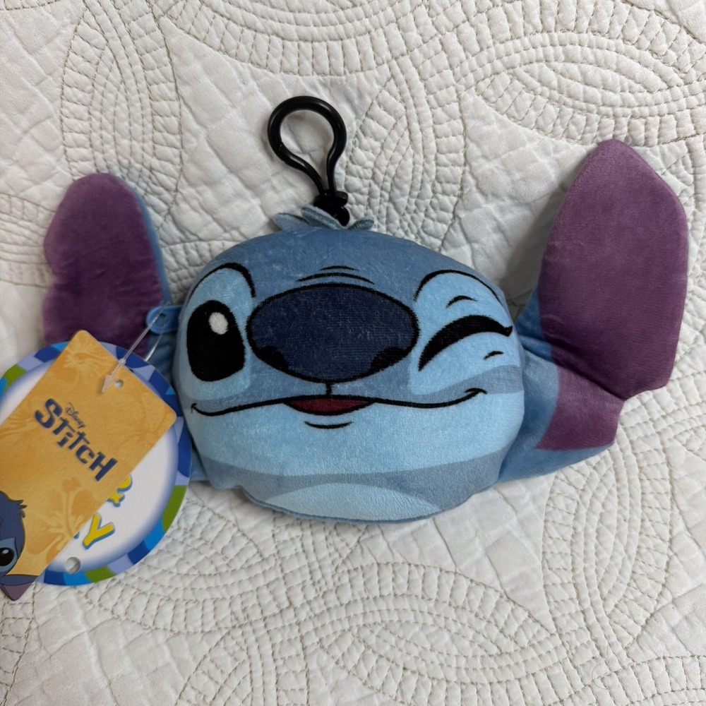 Disney Stitch Plush Zip Pouch Coin Purse Blue Winking Face Soft Cuddly NWT